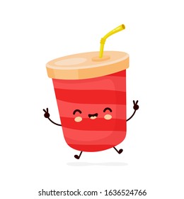 Cute happy soda water cup. Vector flat cartoon character illustration icon design.Isolated on white background. Soda water,fast food menu concept