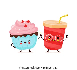 Cute happy soda water and cupcake couple. Happy Valentine's Day card.Vector flat cartoon character illustration icon design.Isolated on white background.  Soda and cupcake dessert menu concept