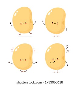 Cute happy soy, soya bean character set collection. Isolated on white background. Vector kawaii  cartoon character illustration. Soya, cute soy bean, vegan cartoon bundle