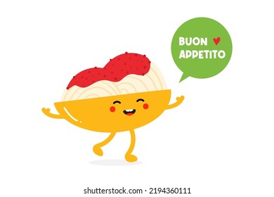 Un personaje de plato de espagueti alegre y alegre con burbuja de habla que dice apetito de burón, que traducido como Disfruta de tu comida.
