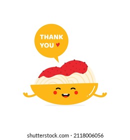 Cute happy spaghetti dish with tomato sauce character with speech bubble saying thank you, showing appreciation.