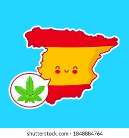 Cute feliz España mapa y personaje de bandera con hierba, marihuana en burbuja de habla. Caricatura de línea plana vectorial icono divertido de ilustración de personaje kawaii. España, concepto de cannabis médico