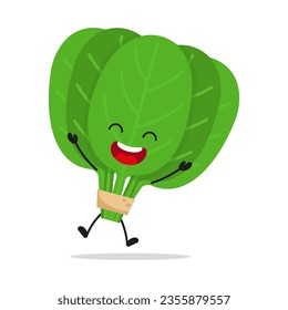 Cute happy spinach character. Funny victory jump celebration vegetable cartoon emoticon in flat style. food vector illustration