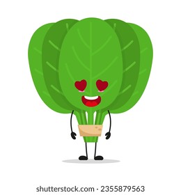 Cute happy spinach character. Funny fall in love vegetable cartoon emoticon in flat style. food vector illustration