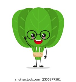 Cute happy spinach character wear eyeglasses. Smiling and greet vegetable cartoon emoticon in flat style. food vector illustration