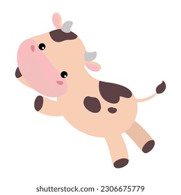 Una vaca pequeña y feliz que se ve saltando alegremente. Dibujo vectorial de dibujos animados de carácter animal de granja adorable