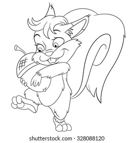 cute happy squirrel is holding an acorn