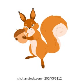 Cute happy squirrel with smiling joyful face, holding acorn nut and hugging it from joy. Adorable funny fluffy animal with autumn forest food. Flat vector illustration isolated on white background