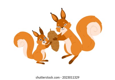 Cute happy squirrels holding cone. Funny adorable mother and child animals with food. Sweet fluffy characters with pinecone. Flat vector illustration of rodents isolated on white background