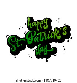 Cute Happy St. Patrick's day calligraphy quote on a green plaid background decorated by paint drops. Perfect for posters, banners, prints, greeting cards design ideas.