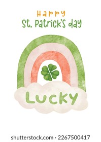 Cute Happy St. Patrick's day greeting card, Lucky rainbow with four leaf clover kid cartoon character watercolour hand painting