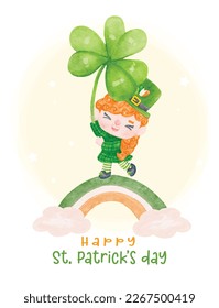 Cute Happy St. Patrick's day greeting card, happy smile Laprechaun girl on rainbow with three leaf clover, kid cartoon character watercolour hand painting