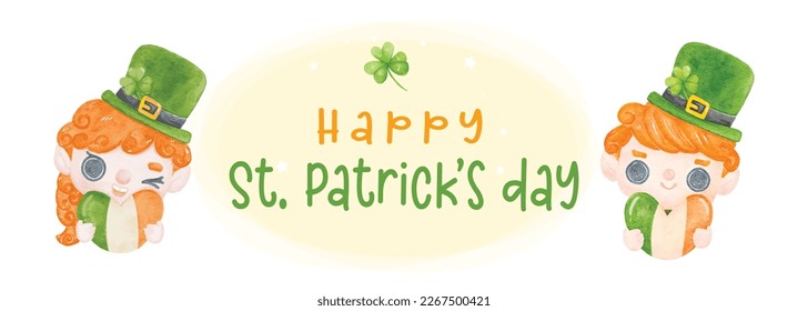 Cute Happy St. Patrick's day banner with lucky laprechaun boy and girl kid cartoon character watercolour hand painting