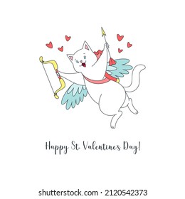 Cute Happy St. Valentine's Day card template. Illustration of a funny flying cat cupid with a bow and wings isolated on a white background. Vector 10 EPS.