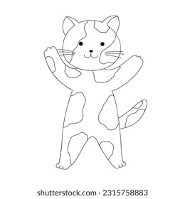 Cute happy standing cat in simple doodle hand drawn style vector illustration, funny cartoon pet, domestic animal for kids design, nursery decor, cards, poster