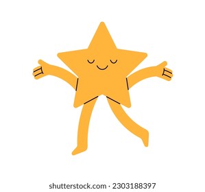 Cute happy star walking. Funny smiling character with joyful amusing emotion, face expression, rejoicing. Bliss, joy and happiness. Childish flat vector illustration isolated on white background