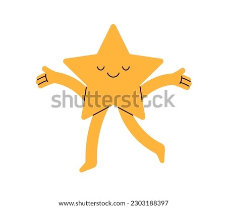Cute happy star walking. Funny smiling character with joyful amusing emotion, face expression, rejoicing. Bliss, joy and happiness. Childish flat vector illustration isolated on white background