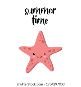 Cute happy starfish cartoon character. Summer time card. Sea animal vector illustration Invertebrate animal sea fauna