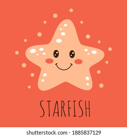 cute happy starfish cartoon character, summer time card, sea animal vector illustration, flat design