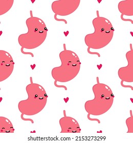 Cute and happy stomach characters with hearts vector seamless pattern background for medical, healthcare design.