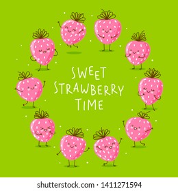 Cute happy strawberries round frame on green background