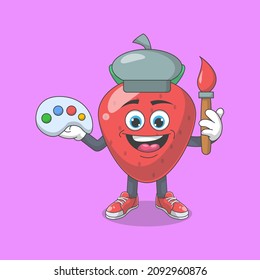 Cute Happy Strawberry Artist Cartoon Vector Illustration. Fruit Mascot Character Concept Isolated Premium Vector