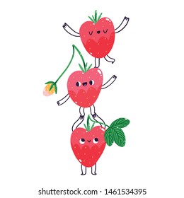 Cute and happy strawberry cartoon characters standing on each other, vertical vector illustration, isolated on white background