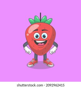 Cute Happy Strawberry Cartoon Vector Illustration. Fruit Mascot Character Concept Isolated Premium Vector