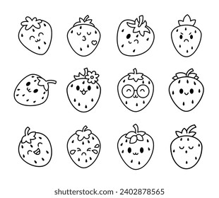 Cute happy strawberry character emoticon. Coloring Page. Kawaii cartoon fruit. Hand drawn style. Vector drawing. Collection of design elements.