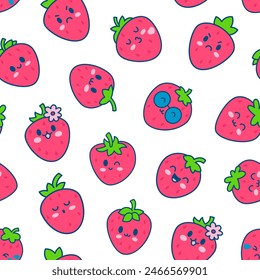 Cute happy strawberry character emoticon. Seamless pattern. Kawaii cartoon fruit. Hand drawn style. Vector drawing. Design ornaments.