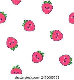 Cute happy strawberry character emoticon. Seamless pattern. Kawaii cartoon fruit. Hand drawn style. Vector drawing. Design ornaments.