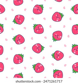 Cute happy strawberry character emoticon. Seamless pattern. Kawaii cartoon fruit. Hand drawn style. Vector drawing. Design ornaments.