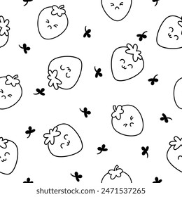 Cute happy strawberry character emoticon. Seamless pattern. Coloring Page. Kawaii cartoon fruit. Hand drawn style. Vector drawing. Design ornaments.