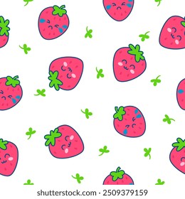 Cute happy strawberry character emoticon. Seamless pattern. Kawaii cartoon fruit. Hand drawn style. Vector drawing. Design ornaments.