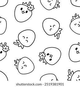Emoticon bonito personagem morango feliz. Padrão contínuo. Página de cores. Fruta Kawaii cartoon. Estilo desenhado à mão. Desenho vetorial. Desenhar ornamentos.