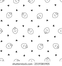 Cute happy strawberry character emoticon. Seamless pattern. Coloring Page. Kawaii cartoon fruit. Hand drawn style. Vector drawing. Design ornaments.