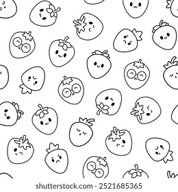 Cute happy strawberry character emoticon. Seamless pattern. Coloring Page. Kawaii cartoon fruit. Hand drawn style. Vector drawing. Design ornaments.