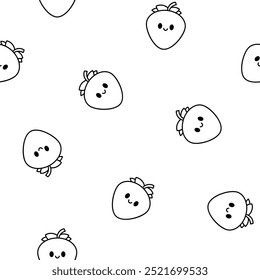 Cute happy strawberry character emoticon. Seamless pattern. Coloring Page. Kawaii cartoon fruit. Hand drawn style. Vector drawing. Design ornaments.