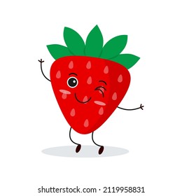 Cute happy strawberry character. Funny fruit emoticon in flat style. eps 10