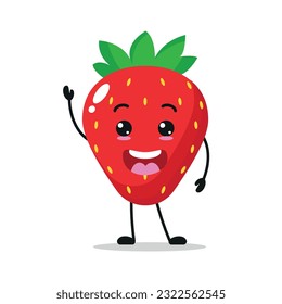 Cute happy strawberry character. Funny strawberry greet friend cartoon emoticon in flat style. Fruit emoji vector illustration