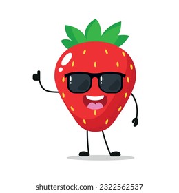 Cute happy strawberry character wear sunglasses. Funny strawberry greet friend cartoon emoticon in flat style. Fruit emoji vector illustration