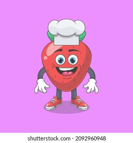 Cute Happy Strawberry Chef Cartoon Vector Illustration. Fruit Mascot Character Concept Isolated Premium Vector