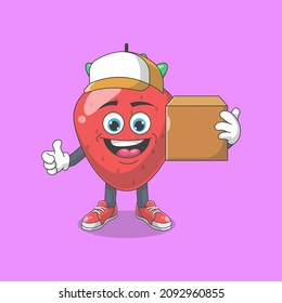 Cute Happy Strawberry Courier Cartoon Vector Illustration. Fruit Mascot Character Concept Isolated Premium Vector