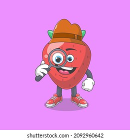 Cute Happy Strawberry Detective Cartoon Vector Illustration. Fruit Mascot Character Concept Isolated Premium Vector