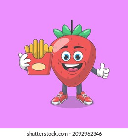 Cute Happy Strawberry With French Fries Cartoon Vector Illustration. Fruit Mascot Character Concept Isolated Premium Vector