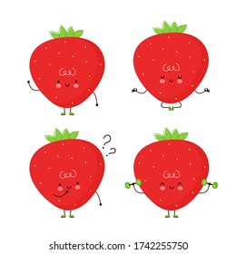 Cute happy strawberry fruit set. Isolated on white background. Vector cartoon character illustration