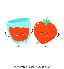 Cute happy strawberry and juice glass. Isolated on white background. Vector cartoon character hand drawn style illustration. Strawberry juice cartoon character concept