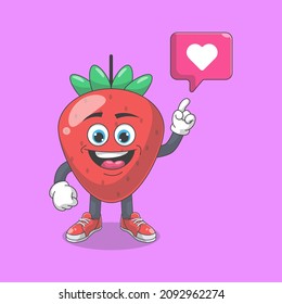 Cute Happy Strawberry With Love Message Cartoon Vector Illustration. Fruit Mascot Character Concept Isolated Premium Vector