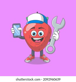 Cute Happy Strawberry Mechanic Cartoon Vector Illustration. Fruit Mascot Character Concept Isolated Premium Vector