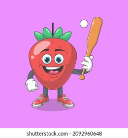 Cute Happy Strawberry Playing Baseball Cartoon Vector Illustration. Fruit Mascot Character Concept Isolated Premium Vector